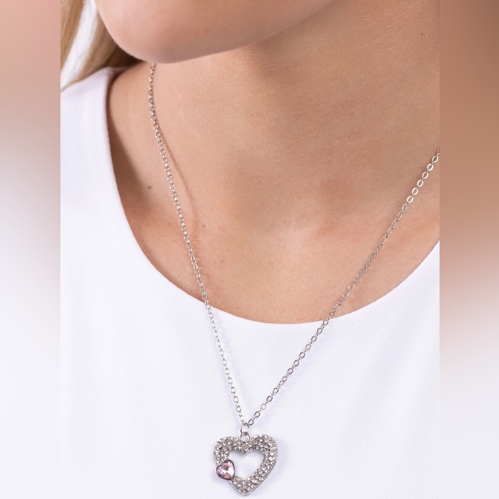 NEW Pink & Silver Diamond Rhinestone Heart Necklace Preppy Fashion Jewelry